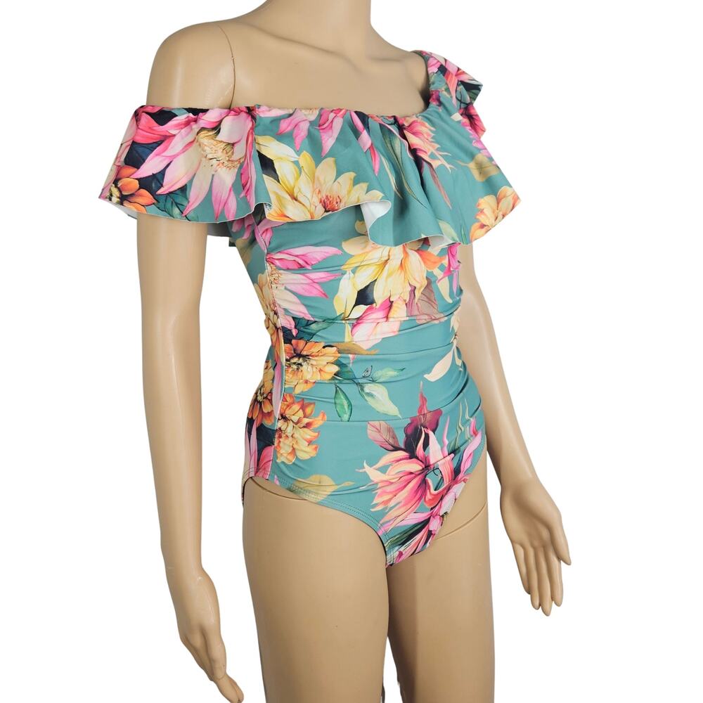 La Blanca Off The Shoulder Ruffle One Piece Pull On Corset Floral Swimsuit